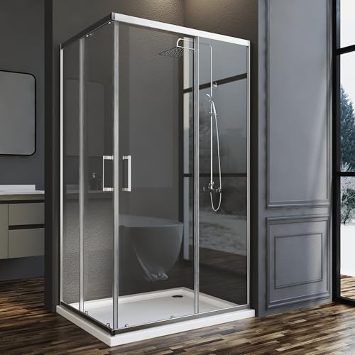 Goezes Duschkabine Eckeinstieg 80x100cm Schiebetür Eckeinstieg Duschabtrennung, 100x80 cm Duschkabine mit Doppel Schiebetüren Dusche Duschwand aus 6mm ESG Glas, LINKS & RECHTS MONTIERBAR