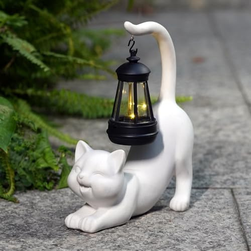mikilov Katze Harz Statue mit Solar Laterne (Schwanz）- Outdoor Laternen&Indoor Statue Dekorationen für Garten,Hof,Veranda,Haus,Balkon