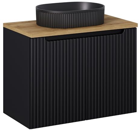 Lomadox Badezimmer Waschtisch 80cm, schwarz mit Eiche, gerillte Front, wandhängend, Keramikwaschbecken