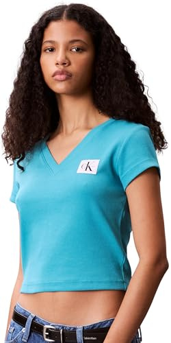Calvin Klein Camiseta de Manga Corta Mujer Woven Label Rib tee con Cuello de Pico