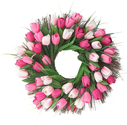 UTHCLO Künstlicher Tulpenkranz Rattan Realistische Dekoration Für Hochzeiten Und Feste Für Tür Und Außenbereich Leicht Und Pflegeleicht Rosa