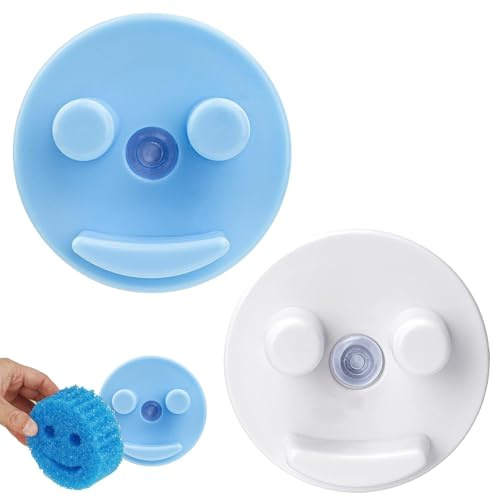 Amazleer 2 Stück Schwammhalter für Küchenwaschbecken Smiley Schwammhalter mit Saugnapf Halterung für Scrub Daddy Scrub Mommy, Spülschwamm Halterung (Schwämme Nicht enthalten) (2, Weiß und Blau)
