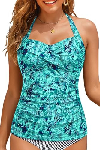 Women Tankini Bathing Suit Top - Halter Swim Tops Only Tummy Control No Bottom Swimwear, Green Paisley, Large