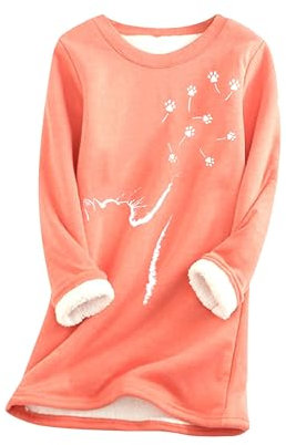 EFOFEI Damen Winter Fleece Gefüttert Weiche Tops Plus Size Mode Muster Pullover Katze Pfote Weiche Lose Sweatshirt Wassermelone Rot M