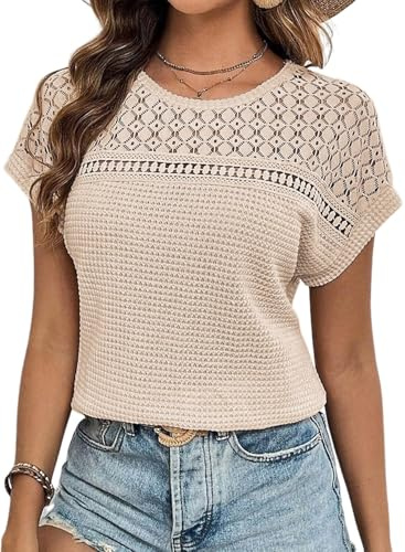 Dokotoo Damen Bluse Spitzen Kurzarm Sommerbluse Rundhals Flügelärmel Tshirt Casual Lose Oberteile Shirts Blusenshirt, beige, S