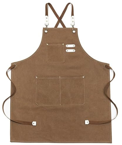 Shunshi Canvas Aprons, Work Aprons for Men Women, Cross-Back Chef Black Apron with Adjustable Strap and 3 Pockets, for Shop Garden Restaurant Bar Cafes Kitchen Cooking Baking Painting(Brown)