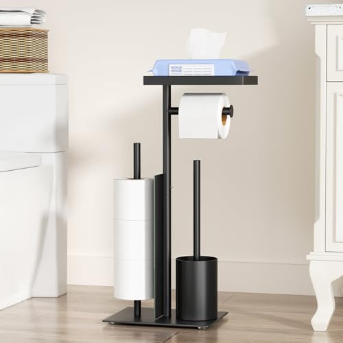 Edelstahl Klopapierhalter Stehend mit Klobürste - Toilettenpapierhalter mit Klobürste, WC Garnitur mit Feuchttücherbox und WC Bürste, Klorollenhalter Stehend mit Glasregal (Schwarz Matt)