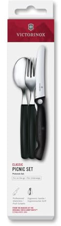 Victorinox Classic Schweizer Taschenmesser Besteck-Set 3-tlg. Wellenschliff | Faltbares Gemüsemesser 11 cm, Gabel und Löffel für Picknick, Büro & Outdoor, Rostfreier Stahl, Schwarz, Swiss Made
