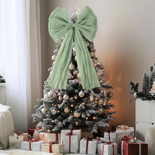 Large Bow Christmas Tree Top Decorations Solid Color Tulle Bow Christmas Tree Topper for Home Holiday Decor (Green, 60 * 33cm/23.62 * 12.99inches)