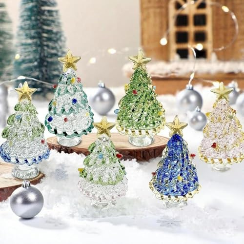 6 Stück Kristall Weihnachtsbaum Figur,Weihnachten Tischdeko Glas Weihnachtsbaum Künstlich Klein,Weihnachtsdeko Tisch Weihnachtsbäume Statue Klein,Mini Christmas Tree für Weihnachten Neujahr Geschenke