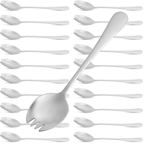 Akamino 20 Pack Stainless Steel Sporks, 2-in-1 Multifunctional Metal Spork, Long Handle Sporks with Knife Edge, Food-Grade Salad Spork for Home Camping Trave, Dessert, Ice Cream, Salad (Silver