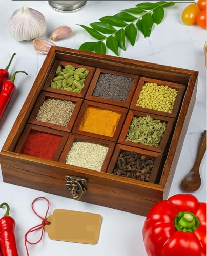 handmade Wooden Spice box - Decorative Masala Dabba Organizer with Glass Lid, 9 removable Compartments & Spoon, Spice Storage Container, indian masala dani Ideal for Seasonings & Herbs, Best Gift