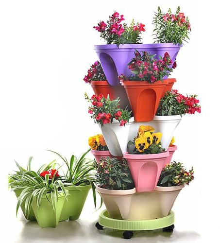 Vaso per piante a 6 livelli, torre verticale impilabile da giardino con vassoio rimovibile, vaso da fiori in plastica, vaso per erbe aromatiche per supporti da giardino, uso interno ed esterno