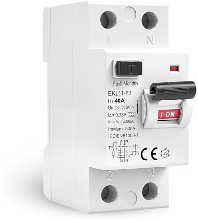 Jadeshay Disjoncteur différentiel 30mA 40A 2 Pôles Disjoncteurs Électriques RCCB Interrupteur differentiel Type A Protection contre les fuites AC230V EKL11-63 Protection IP20(AC230V 40A 2P)