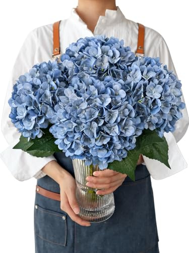 JINWOE Retro Blue Silk Artificial Hydrangeas Flowers, 4PCS 21 Vintage Large Lifelike Faux Flowers, Full Fake Flowers for Outdoor Porch Bouquet Table Centerpieces Wedding Home Indoor Baby Showers