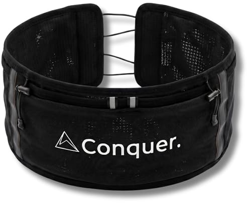 Conquer Laufgürtel Damen & Herren – Running Belt mit Handy-Fach | Für Soft Flask bis 500ml, Handy-Fach, ohne Schnalle – atmungsaktiv, mit Reflektoren für Training & Wettkampf