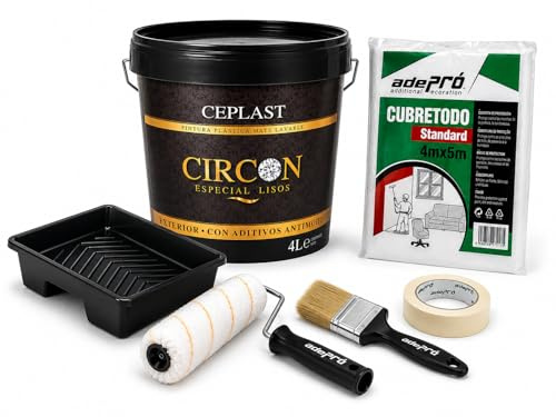 CEPLAST Kit Pintura Antimoho CIRCON 4L + Rodillo + Cubeta + Brocha + cinta protectora + Plástico Cubretodo | Pintura Blanca Mate Lavable Interior Exterior | Cocina, Baño y Humedad