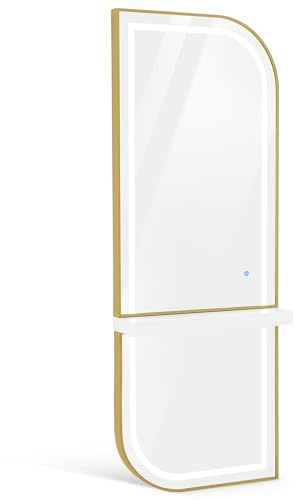 Barberpub Wandspiegel mit Beleuchtung, Ganzkörperspiegel mit Aluminiumrahmen, Großer Spiegel mit Ablage, Touch-Schalter, 3 Lichtfarben Dimmbar, für Friseursalon, J6298 (Weiß-Gold)