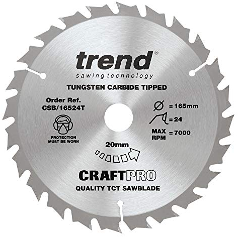 Trend Wood Cordless Circular Saw Blade, 165mm Diameter, 20mm Bore, 24 Teeth, 1.5mm Kerf, +20° Hook, TCT, Medium Finish, CSB/16524T