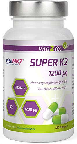 Vita2You Super K2-1200µg Vitamin K2 - Original vitaMK7® - (Natürliches MK-7) mit MK-4 >99% All Trans - 120 Kapseln - Hochdosiert - Premium Qualität