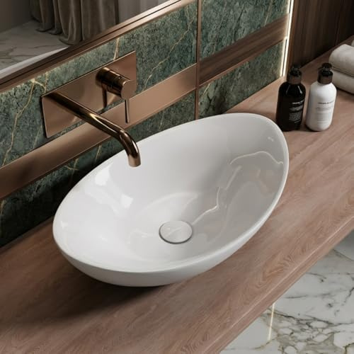 Durovin Bathrooms Oval Countertop Basin Ceramic Bathroom Basin - Vessel Sink - Deep Fill with Overflow Slot (590 x 380 x 190mm)
