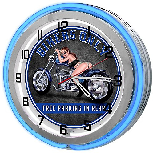 Decorative Concepts Motorcycle Biker Parking 18 Blue Double Neon Garage Clock, Biker Garage Clock