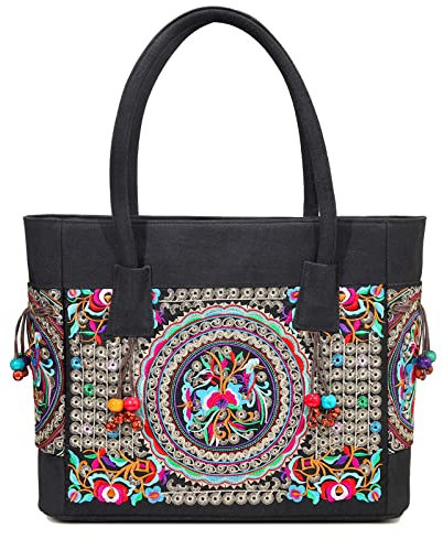 SILKAREA Bestickte große Canvas-Tragetasche für Damen, mit Reißverschluss, handgefertigt, Vintage-Handtasche, Schultertasche, S1 Schwarz, Small