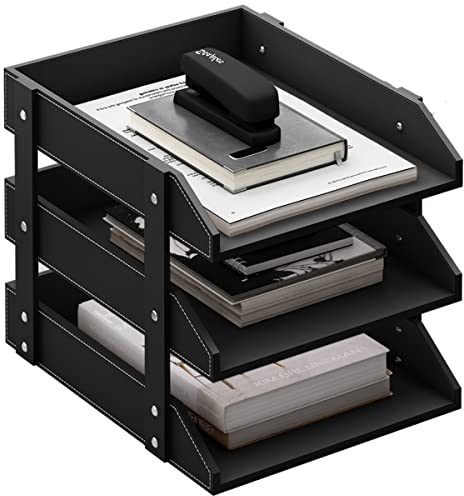 Thipoten Schreibtisch-Organizer aus Leder, 3-stöckig, stapelbar, Briefablage für Bürobedarf, Papier, Akten, Zeitschriften, perfekte Büro-Organisation für Schreibtisch (schwarz, 3 Ebenen)