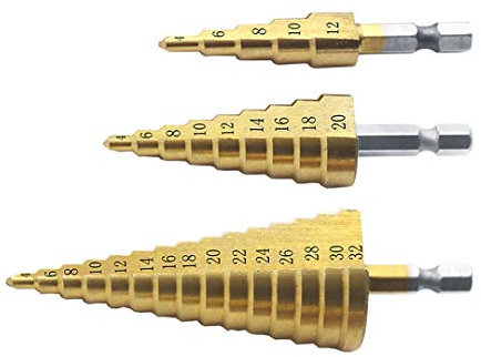 XIZONLIN HSS Stufenbohrer Satz Set 3tlg, Hex Shank, Titanbeschichtet, Exact Pagoda Kegelbohrer Konusbohrer für Kunststoff Metall Holz 4-12/4-20/4-32mm