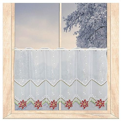 atelier alles-Spitze Weihnachts-Scheibengardine Eleganter Weihnachtsstern | Hochwertig bestickte Kurzgardine aus weißem halbtransparentem Voile | Höhe x Breite 55 x 64 cm