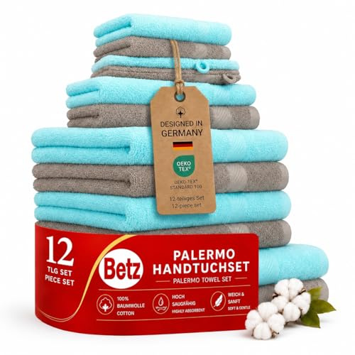 Betz 12-TLG. Handtuch-Set Palermo 100% Baumwolle 2 Liegetücher 4 Handtücher 2 Gästetücher 2 Seiftücher 2 Waschhandschuhe Farbe Stone und türkis