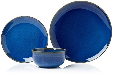 Sabichi 12pc Reactive Blue Dinner Set - Gloss Finish - Microwave & Dishwasher Safe Plates and Bowls Set - Stoneware Dinner Set for 4-4 x Dinner Plates, 4 x Side Plates, 4 x Bowls