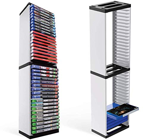 Esenlong Video Spiel Disc Regal Durable CD Lagerung Rack DVD Halter Container Turm Stand für Holding 36Pcs PS5 Spiel Discs, Weiß Schwarz, Acrylnitril-Butadien-Styrol