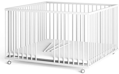 Sämann® Laufgitter 120x120 cm mit Matratze und Schlupfsprossen, stufenlos höhenverstellbar, Baby Laufstall, Buche, gummierte Rollen, weiß lackiert