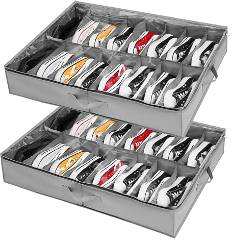Lot de 2 organisateurs de rangement pour chaussures sous le lit avec poignées renforcées et séparateurs réglables à support Velcro inférieur - Transparents et pliables (Capacité de 32 paires)