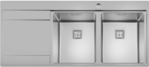 SÄUBER® 1160 x 520mm Stainless Steel Kitchen Sink Double Bowl Sinks for Kitchens 2.0 Bowls, Left Hand Drainer, Inset Drop in Installation, Free Basket Strainer Waste