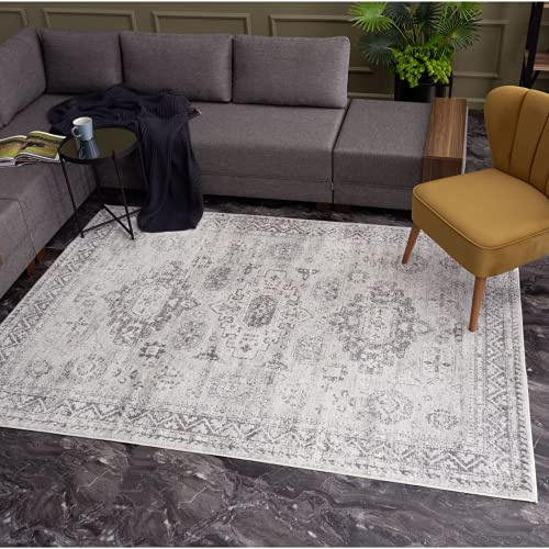 THE RUGS AREA RUG LIVING ROOM BEDROOM LARGE SMALL VINTAGE SOFT SHORT PILE BORDERED CLASSIC ORIENTAL DESIGN TRADITIONAL PERSIAN MOROCCAN BOHO CARPET - SMALL 80X150 CM, GREY NOMAD DESIGN