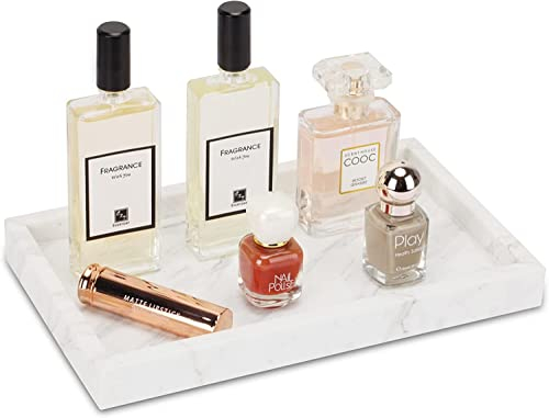WORHE Italien Marmor-Kosmetiktablett für Parfüm, Make-up, Kerzen,Moderne dekorative Tabletts für Badezimmer, Schlafzimmer, Kommode, rechteckiger-Organizer für Heimdekoration, weiß FX031