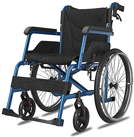 YYHJ Rollstuhl Faltbar Leicht Aluminium,Klappbarer Selbstfahrend Faltrollstuhl,Leichtgewicht,Sitzbreite 46 cm,Feste Armlehnen und Klappbare Fußstützen,für Beeinträchtigungen ältere Menschen, Blue