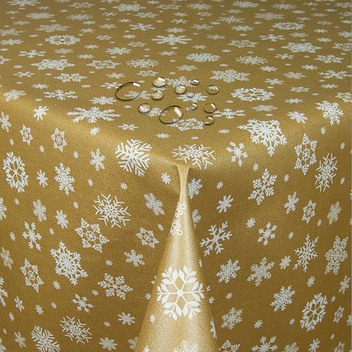 Wachstuch Wachstischdecke Tischdecke Weihnachtstischdecke Größe wählbar Weihnachten Schneeflocken Gold Eckig 100 x 100 cm abwaschbar