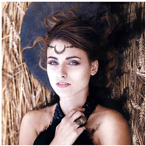 Inilbran Boho Mondsichel Kopfkette Schwarzer Mond Haarkette Stirnband Schwarzer Mond Kopfkette Kopfschmuck Vintage Kristall Mondsichel Stirnband Zigeunermond Stirnkette Kopfschmuck Accessoires