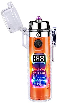 USB Elektronische Feuerzeug Lichtbogen Feuerzeug: Wasserdicht & Winddicht Feuerzeug, COB Taschenlampe, Feuerzeug mit Leistungsanzeige und Nutzungsanzahlanzeige für Camping, Wandern