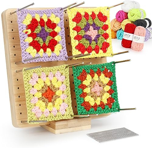 Coopay Granny Square Spanner, Wooden Granny Squares Blocking Board, 20 x 20 cm Sperrbrett Häkeln mit 12 Wollknäuel, Sperrbrett für Granny Square, Häkel Teile zu Spannen, Sperrbrett Granny Squares