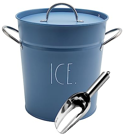 Rae Dunn Ice Bucket with Scoop - Stainless Steel Bucket with Handle, Lid and Ice Scooper - 4 Qt. Storage Bin for Ice Cubes for Bars, Parties, Backyard Barbeques, Picnics, and Camping (Blue)
