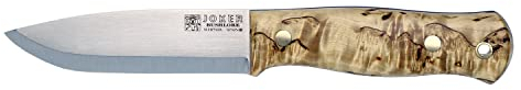 Joker Feststehendes Jagdmesser Scandi Bushlore CL138-P, Griff aus Riegel-Birkenholz, 11,5 cm Klinge, mit brauner Lederscheide und Feuerstein, Werkzeug für Angeln, Jagd, Camping und Wandern