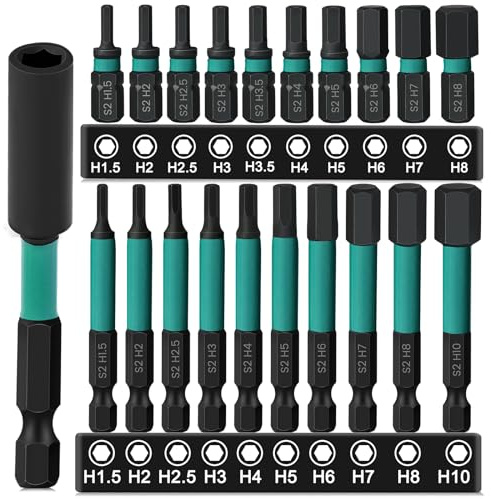 Hakkin 20 Stück Hex Sechskant Schraubendreher Bits Set Lang 25+60 mm Bitsatz für Akkuschrauber Hexagon Impact Bit Set für Schlagschrauber 1/4 S2 mit bit verlängerung H1,5/2/2,5/3/3,5/4/5/6/8/10