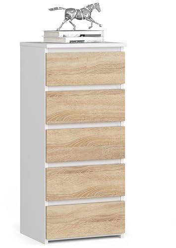 AKORD Kommode CL5 40 cm | 5 Schubladen | Schrank | für das Wohnzimmer | für das Schlafzimmer | B40 x H92 x T35 cm | Gewicht 21,9 kg | Weiß/Sonoma Eiche
