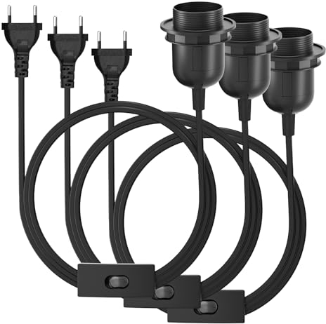 Lot de 3 douilles E27 avec câble et interrupteur - Douille E27 noire avec câble de 3,5 m et anneau à vis pour suspension de lampe - Suspension pour cuisine et salon
