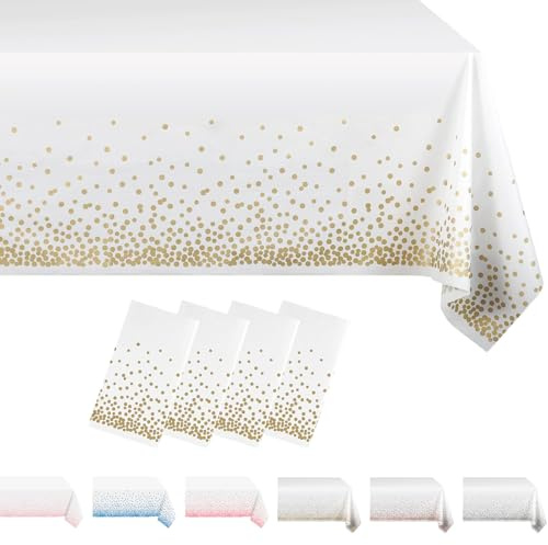 MORAINJAY 4 Stück Weiß und Goldpulver Party Rechteckig Tischdecke, 137x274cm Dot Confetti Wasserdicht Fleckschutz Tischdecken für Geburtstagsfeier, Hochzeit, Weihnachten, Kindergeburtstag, Cocktail