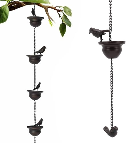 Regenketten-Set, 7,9 Fuß Lange Regenkette „Vögel auf Becher“ für Dachrinnen, Dekorative Regenspiele für Draußen, Vintage-Garten-Regenwasser-Umlenkketten, Gartendekoration für den